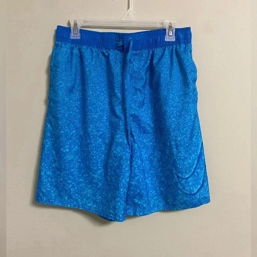 Nike Men's Blue Pull On Swim Trunk Board Shorts Unlined Logo Print Shorts Large